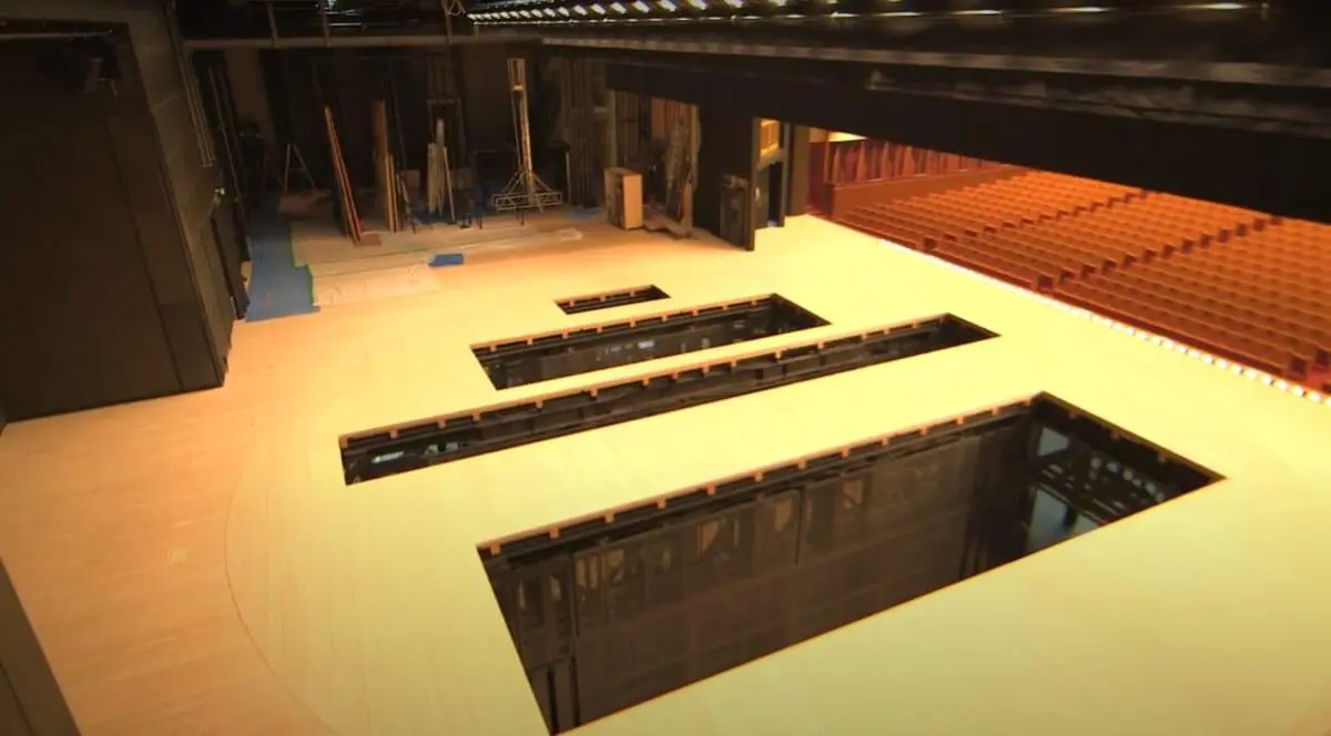 Overview of a typical understage machinery system, illustrating lift platforms, drive mechanisms, and integrated control systems. Overview of a typical understage machinery system, illustrating lift platforms, drive mechanisms, and integrated control systems.