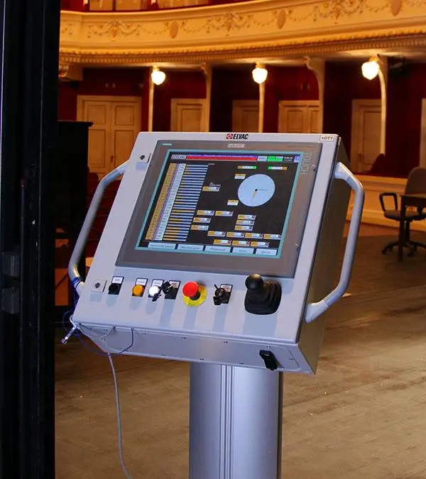 Key components of stage automation systems, including hydraulic, electric, and pneumatic drives, along with control panels and sensor technologies.