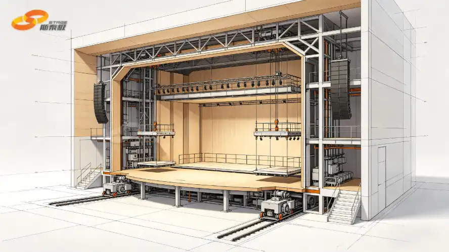 Modern theater stage cross-section schematic, 16:9, professional technical illustration, clear view of understage machinery, lifting platforms, fly tower, rigging systems, clean lines, realistic engineering style, bright and professional color scheme, no text