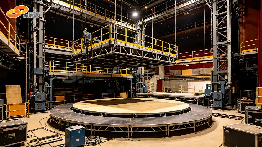 Understage machinery structure of theater, large lifting platform, stage turntable, professional construction site photo, realistic industrial shot, bright lighting, clear mechanical details, 16:9, high resolution
