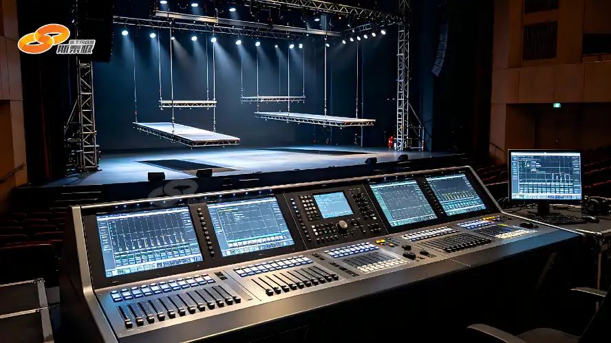 Stage automation control console, multiple touch screens, computer-controlled stage machinery, synchronized motion of lifting platforms and fly bars, modern technological sense, professional operation scene, 16:9, realistic Stage automation control console, multiple touch screens, computer-controlled stage machinery, synchronized motion of lifting platforms and fly bars, modern technological sense, professional operation scene, 16:9, realistic