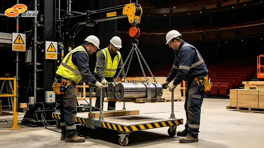 Professional technicians installing and commissioning theater stage machinery